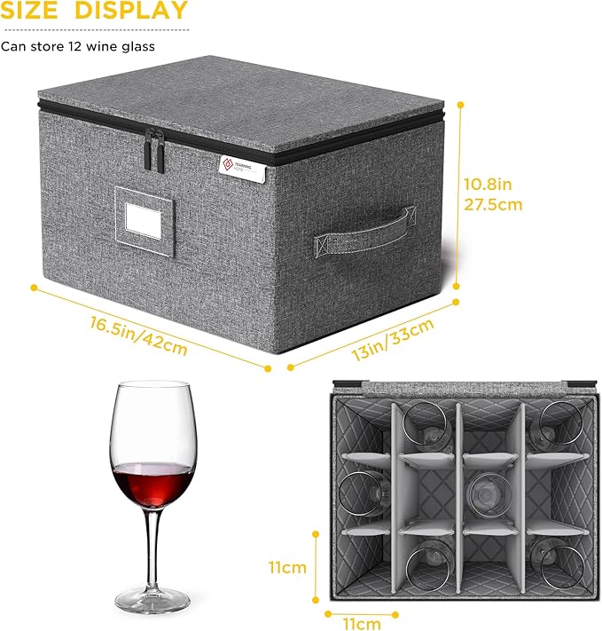 YearningHome 2 Pack Wine Glass Storage Box with Dividers,Stemware Storage Cases with Sturdy Handle and Hard Shell for Glassware Crystal Storage,Transport and Moving,Holds 12,Grey
