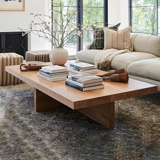 Solid Wood Square Coffee Table 2 Inch Thick Farmhouse Low Minimalist Center Table for Living Room Office