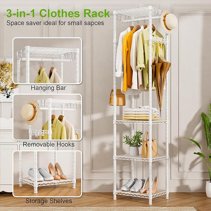 R1 Clothes Rack Heavy Duty, Clothing Racks for Hanging Clothes, Garment Rack with Storage Shelves, Small Coat Rack Freestanding for Entryway, Hallway, Bedroom, Max Load 448 Lbs, White