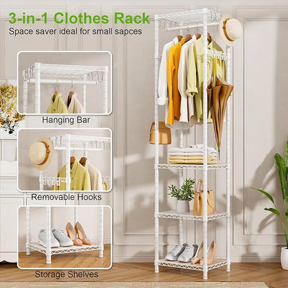 R1 Clothes Rack Heavy Duty, Clothing Racks for Hanging Clothes, Garment Rack with Storage Shelves, Small Coat Rack Freestanding for Entryway, Hallway, Bedroom, Max Load 448 Lbs, White