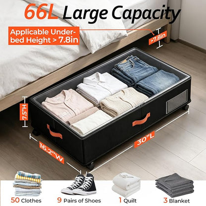 Under Bed Storage with Wheels 2-Pack, Under Bed Storage Containers 66L Clear Lids, Rolling Storage Drawers for Clothes Shoes Blankets, Underbed Organizer Bins(30" L x 16.2" W x 7.5" H)