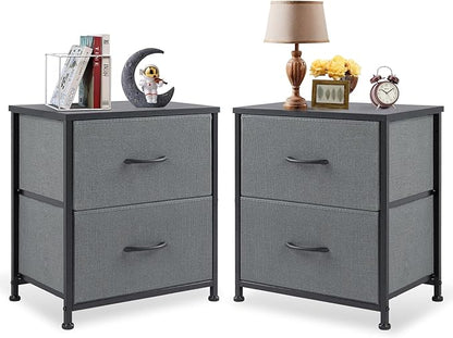 DUMOS Nightstand Set of 2, Small Dresser with 2 Fabric Drawers Side Bedroom End Table Kids Bedside Storage Furniture for 25 inch Tall Night Stand for Closet, Entryway, College Dorm, Ash