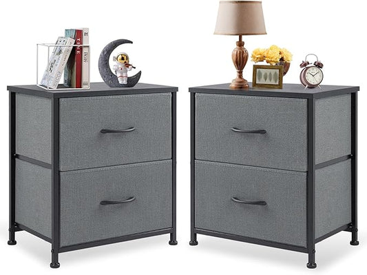 DUMOS Nightstand Set of 2, Small Dresser with 2 Fabric Drawers Side Bedroom End Table Kids Bedside Storage Furniture for 25 inch Tall Night Stand for Closet, Entryway, College Dorm, Ash