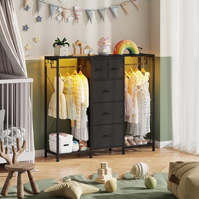 49.2”W Dresser with 2 Hanging Racks, 5 Drawers Dresser with LED Lights & Charging Station, Dressers with Clothes Rack, Shoe Racks and Side Hooks, TV Stand Chest of Drawers for Bedroom, Black