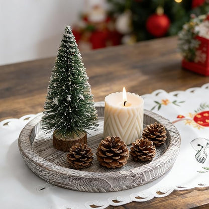 Hanobe Candle Plate Holder Tray: Round Wood Decorative Candle Plate - Rustic Farmhouse CoffeeTable Decor - Tealight Pillar Trays for Home Decor (Whitewash)