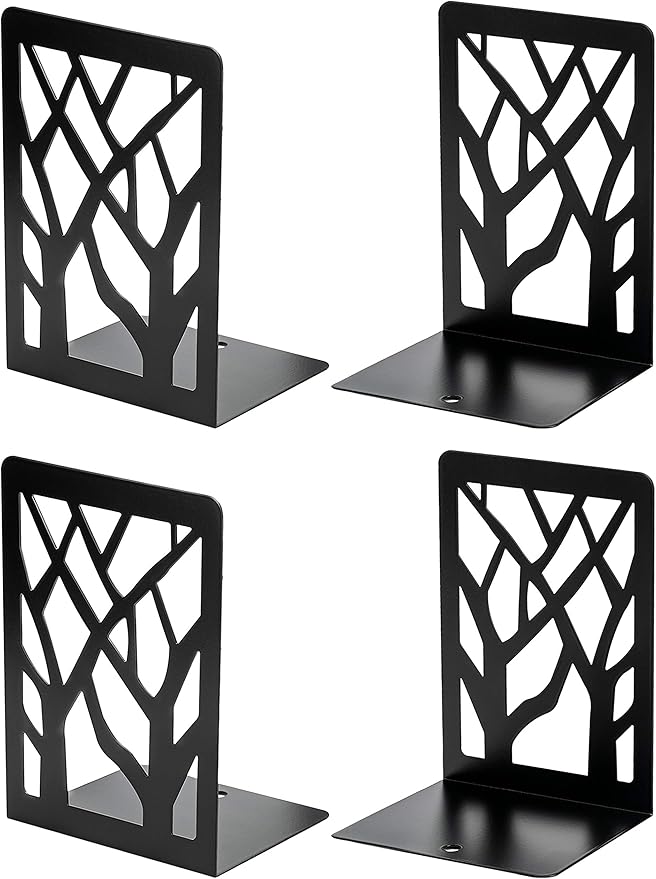 MaxGear Book Ends Tree Design Modern Bookends for Shelves, Non-Skid Book Holder, Heavy Duty Metal Book Storage for Books/CDs, Decorative Book Stopper for Home, 7 x 4.7 x 3.5”, Black,2 Pair/4 Pieces