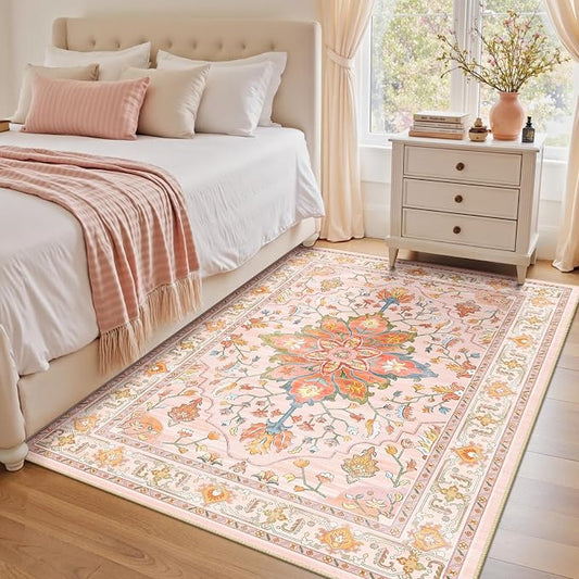 RELEANY Area Rugs 4'x6' Washable Non-Slip, Floral Vintage Distress Medallion Carpet for Living Room Bedroom Dining Room, Light Pink Colorful