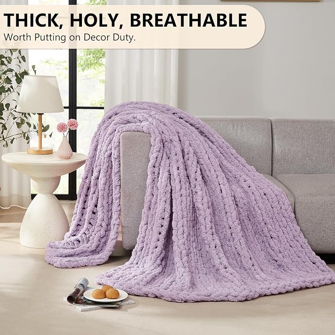 L'AGRATY Chunky Knit Blanket Throw: 72''x84'' Chenille Chunky Knitted Throw Blankets for Bed Couch - Handmade Thick Big Cable Knit Blanket - Large Crochet Rope Blankets for Home Decor(Purple)