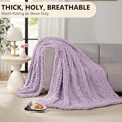 L'AGRATY Chunky Knit Blanket Throw: 72''x84'' Chenille Chunky Knitted Throw Blankets for Bed Couch - Handmade Thick Big Cable Knit Blanket - Large Crochet Rope Blankets for Home Decor(Purple)