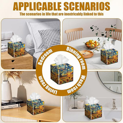 Starry Night Sunflower Tissue Box Cover 2PCS, Leather Tissue Box Holder Square Facial Paper Case Tissue Box Cube Organizer for Bathroom Bedroom Desk Office
