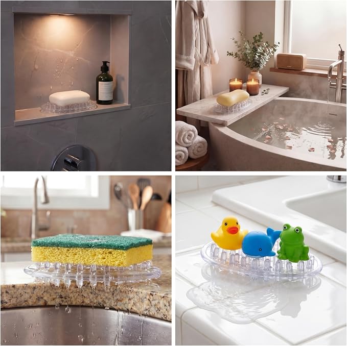 2 Pcs Plastic Soap Holder Soap Dish Bar Saver Tray with Holes Sponge Holder for Kitchen Bathroom Shower Counter, 4.5 x 3 x 0.7 Inches (Clear)