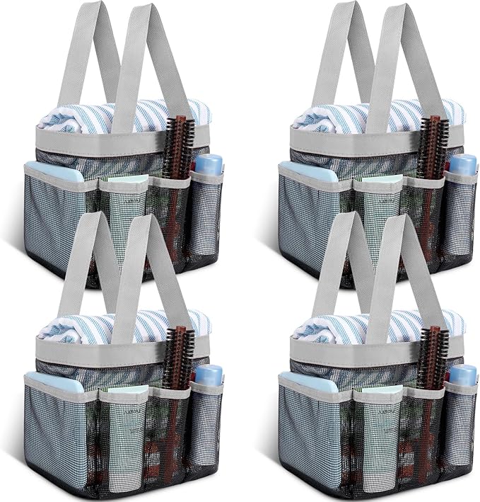 Hillban 4 Pcs Mesh Shower Caddy Portable Shower Caddy for Dorm Beach Mesh Bags with Deeper 8 Pockets and Handles Showers Caddies Basket for Women College Room Vacation(Gray)
