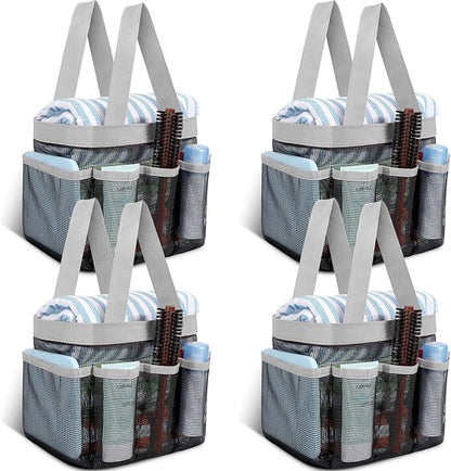 Hillban 4 Pcs Mesh Shower Caddy Portable Shower Caddy for Dorm Beach Mesh Bags with Deeper 8 Pockets and Handles Showers Caddies Basket for Women College Room Vacation(Gray)