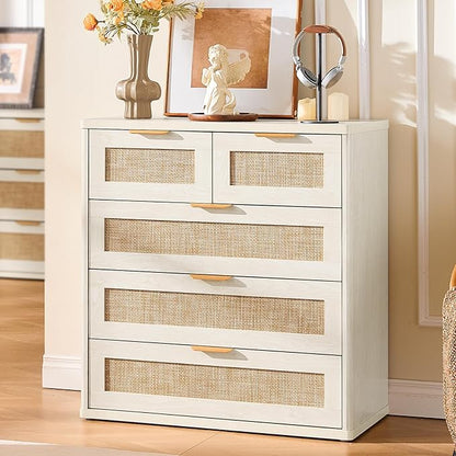 LEYAOYAO White Dresser for Bedroom, 33.5" Tall Chest of Drawers, Modern 5 Drawers Boho Rattan Dressers with Storage, Dresser Wooden Closet Organizer for Living Room, Hallway