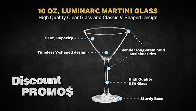 DISCOUNT PROMOS Martini Glasses by ARC 10 oz. Set of 10, Bulk Pack - Perfect for Hotel, Bar, Restaurant or Lounge - Clear