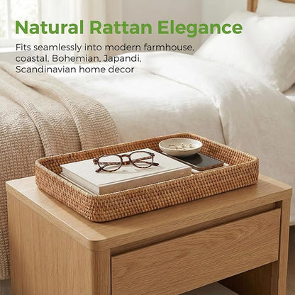 Wicker Storage Basket, Rattan Tray Rectangular for Bathroom Living Room, Decorative Serving Woven Trays Wicker Baskets for Organizing, Woven Seagrass Tray for Storage Home Decor L(14.6" × 9.1")