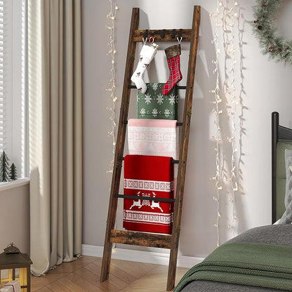 Hzuaneri Blanket Ladder for Living Room, Decorative Quilt Rack with 4 Removable Hooks, 5-Tier Farmhouse Ladder Holder Shelf Organizer for Bedroom, Rustic Brown and Black BR31501B