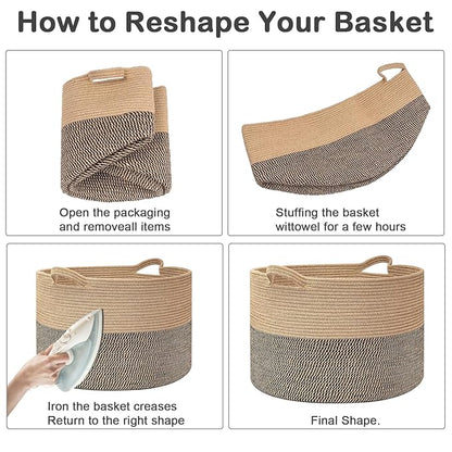 90L Extra Large Blanket Basket,Woven Laundry Basket Hamper with Handles, Decorative Nursery Basket Storage Bin for Toys, Clothes Organizer, Living Room, Bedroom, Bathroom, Black&Camel