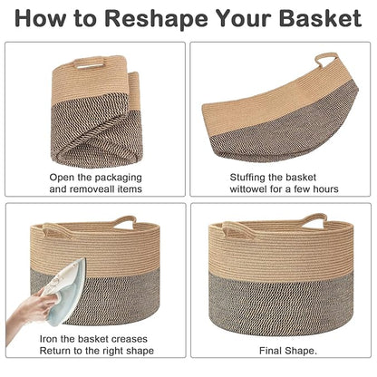 90L Large Blanket Basket,21.7"L x 21.7"W x 13.8"H Rope Woven Baskets with Handles, Toys Storage Bins,Laundry Basket Perfect for Living Room, Nursery,Bedroom,Home Organization,Rainbow