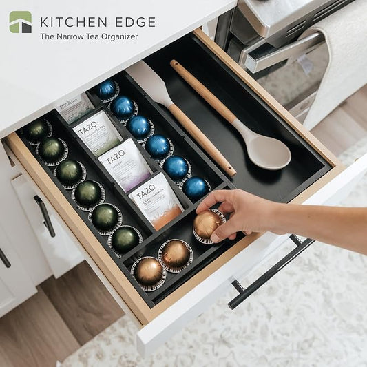 KitchenEdge Tea Bag and Coffee Pod Kitchen Drawer Organizer, Expandable 9.7 to 17 Inches, 10 Storage Compartments, Adjustable Wall Inserts, Non-Slip Feet, Food-Safe Black Finish, 100% Bamboo Wood