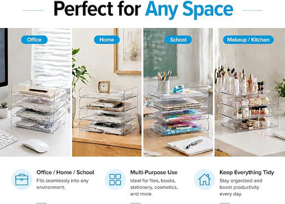 DCA 4 Tier Clear Desk Organizer with 3 Multi-Use Panels, Stackable Paper Letter Tray, Modular File Organizer for Office Home School, Transparent Desktop Storage System