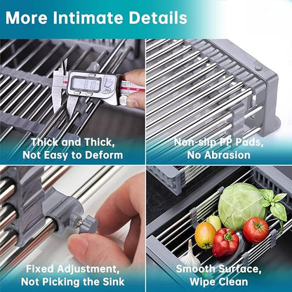 Dish Drying Rack, Over The Sink Dish Drying Rack, Stainless Steel Dish Drainer with Adjustable Arms Holder Functional Kitchen Sink Organizer for Vegetable and Fruit