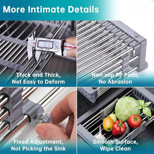 Dish Drying Rack, Stainless Steel Dish Drainer with Adjustable Arms Holder Functional Kitchen Sink Organizer for Vegetable and Fruit, Gray Large