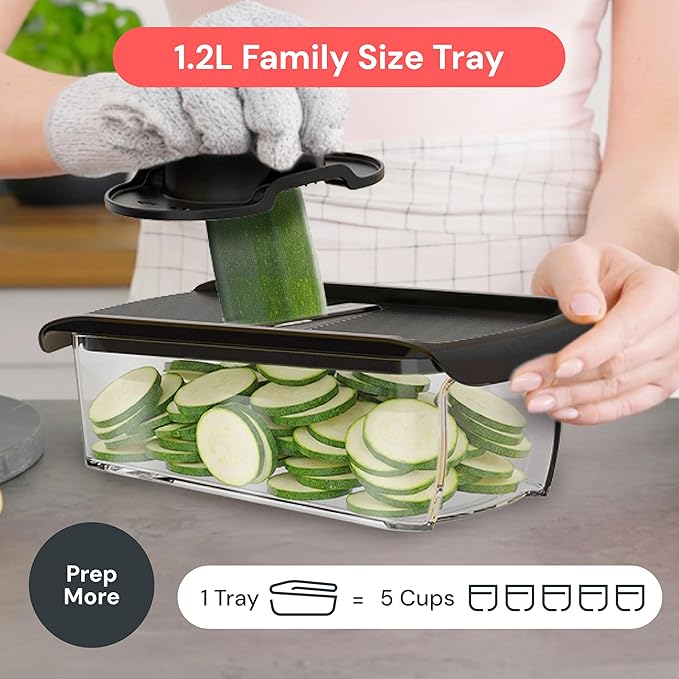 Fullstar Mandoline Slicer for Kitchen, Fruit Cutter, Cheese Grater, Cucumber Slicer, Veggie Spiralizer, Food Cutter & Kitchen Gadgets & Gifts with Safety Glove (6 in 1, Black)