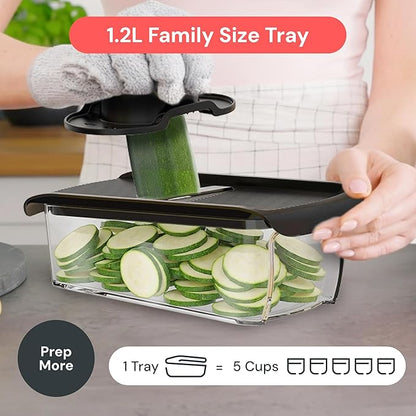 Fullstar Mandoline Slicer for Kitchen, Fruit Cutter, Cheese Grater, Cucumber Slicer, Veggie Spiralizer, Food Cutter & Kitchen Gadgets & Gifts with Safety Glove (6 in 1, Black)