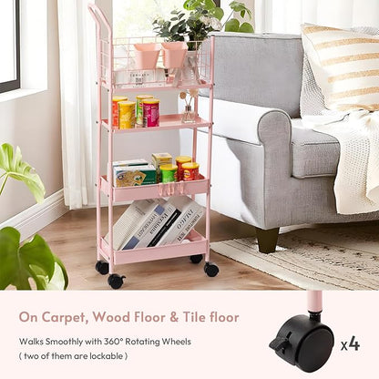 danpinera 4 Tier Slim Cart with Wheels, 7.7’’ Metal Skinny Rolling Storage Cart on Wheels for Kitchen, Bedroom, Office, Laundry Room, Small Narrow Spaces with Hooks and Cups, Pink