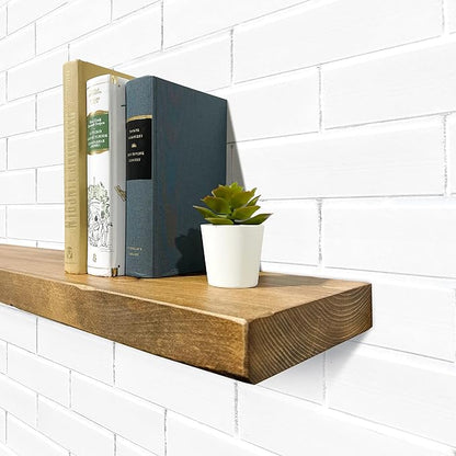 URBANDI, Rustic Floating Shelves, Set of 2, Hidden Bracket, Solid Wood, Heavy Duty, Wall Mounted Shelves, (Brown, 36Wx12D)