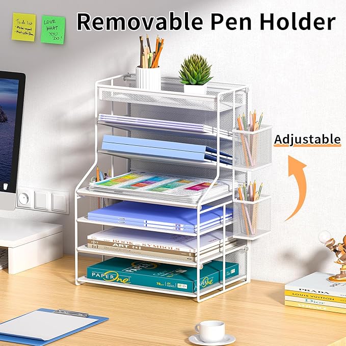 7 Tier Desk File Organizer,Metal Document Holder with Adjustable Shelves, Pull-Out Drawer & Removable Pen Holder for Office Organization,White