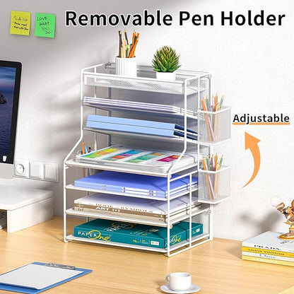 7 Tier Desk File Organizer,Metal Document Holder with Adjustable Shelves, Pull-Out Drawer & Removable Pen Holder for Office Organization,White