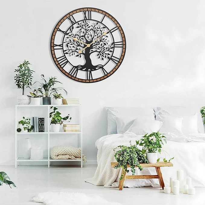 Micasso Non-Ticking Oversize Wall Clock: 35Inch Tree of Life Metal with Solid Wood Frame - Silent Battery Operated Clock for Bedroom/Fireplace/High-Ceiling - Home Decor for Interior Designers