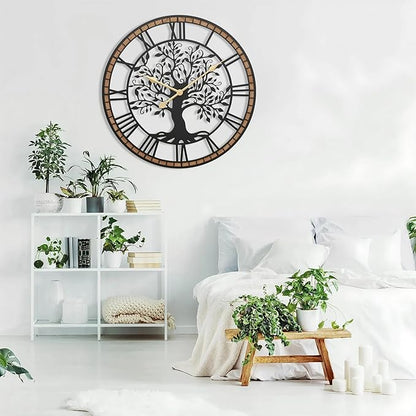 Micasso Non-Ticking Oversize Wall Clock: 35Inch Tree of Life Metal with Solid Wood Frame - Silent Battery Operated Clock for Bedroom/Fireplace/High-Ceiling - Home Decor for Interior Designers