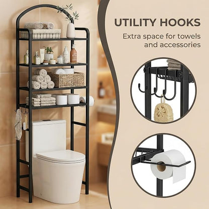 4-Tier Over The Toilet Storage, Bathroom Organizer, Space-Saving, 72" H Above Toilet Storage Rack with 4 Hooks and Paper Holder, Metal Shelf, Black