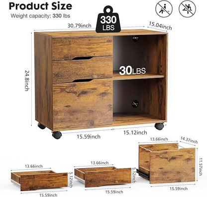 DUMOS Rolling File Cabinet with 3 Drawers, Wood Under Desk Printer Stand with Wheels and Adjustable Shelves, Lateral Filing Cabinet for Home Office, Small Space Storage Organizer, Brown