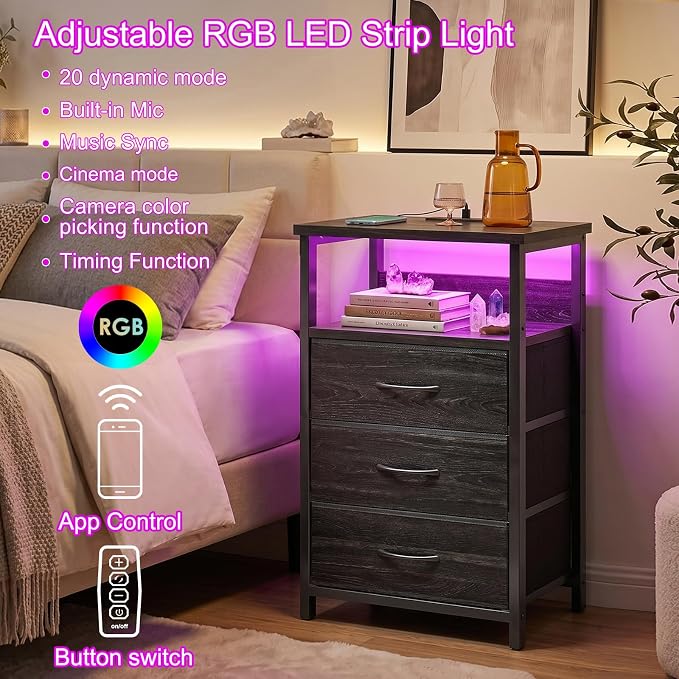 Fixwal Night Stand with Charging Station, LED Nightstand with Fabric Drawers, End Table with PU Finish, Bed Side Table, Black Oak