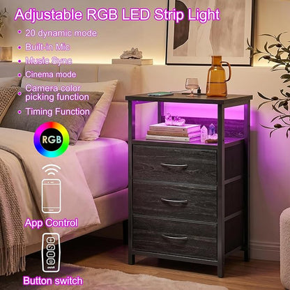 Fixwal Night Stand with Charging Station, LED Nightstand with Fabric Drawers, End Table with PU Finish, Bed Side Table, Black Oak