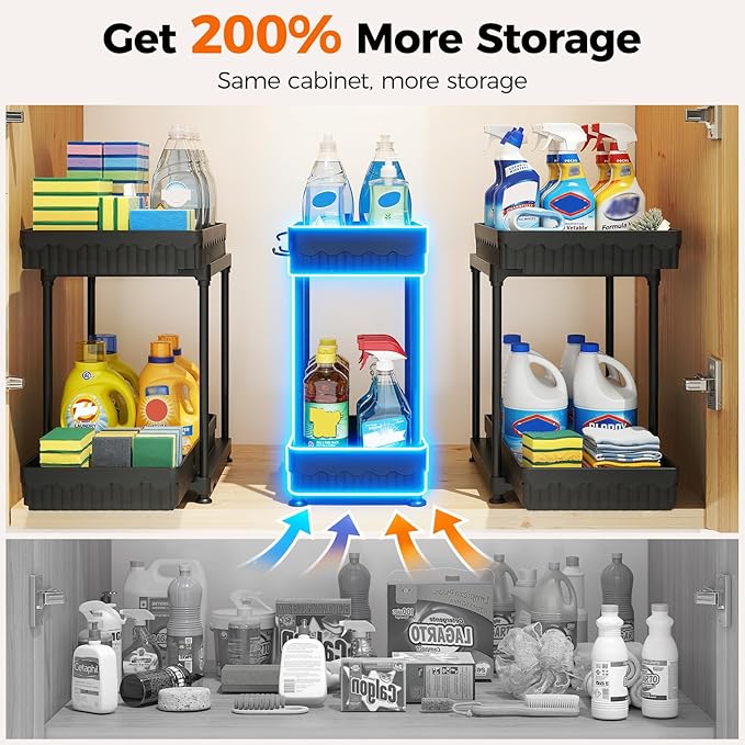 Sevenblue 3 Pack Under Sink Organizer, 2 Tier Pull Out Bathroom Cabinet Organizer, Multi-Purpose Storage Shelf for Kitchen (2-Tier Sliding, 12.8 Inch)