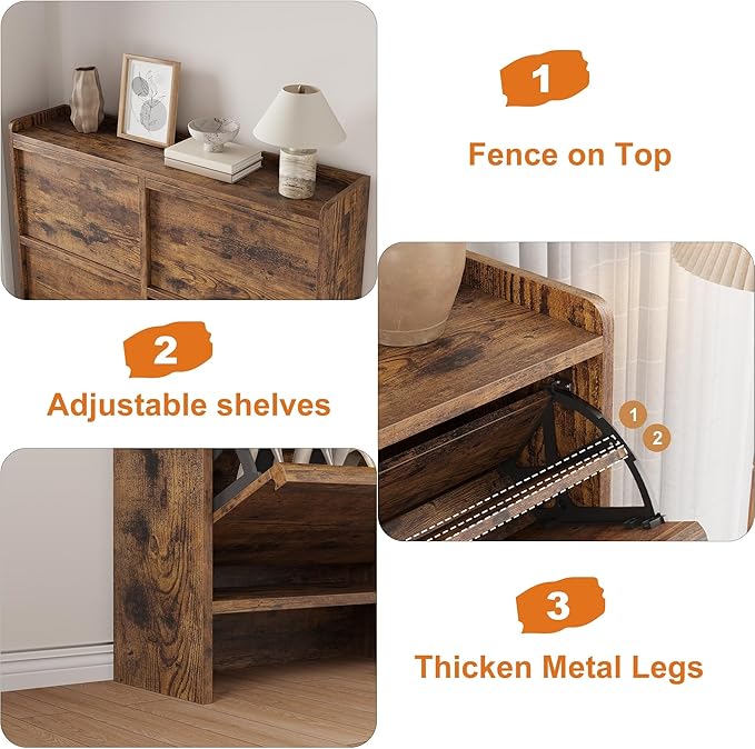 IDEALHOUSE Shoe Cabinet with 4 Flip Drawers,Hidden Wood Shoe Storage with Adjustable Shelf,Freestanding Shoe Organizer Rack for Entryway,Hallway,Living Room(Rustic Brown)