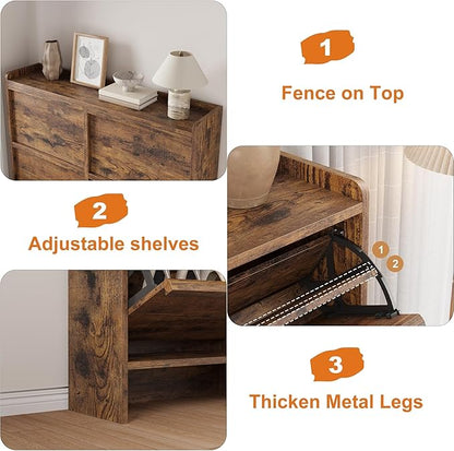 IDEALHOUSE Shoe Cabinet with 4 Flip Drawers,Hidden Wood Shoe Storage with Adjustable Shelf,Freestanding Shoe Organizer Rack for Entryway,Hallway,Living Room(Rustic Brown)