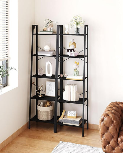 Ladder Shelf, Bookshelf Bookcase, Freestanding Corner Storage Shelve with 2 Hooks for Home Office, Living Room, Kitchen, Bedroom, Industrial, 11.8" D x 17.3" W x 63" H, Black BC19204B