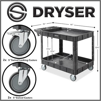 Dryser Utility Cart with Wheels, 46" x 25" Heavy Duty 550 lb. Capacity with Shelves - 2 Tier Rolling Cart with Four 5" Swivel Casters for Warehouse, Garage, Cleaning