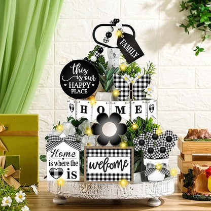 11 Pcs Home Tiered Tray Decor Buffalo Plaid Black White Rustic Farmhouse Tiered Tray Decorations Set Home Wooden Signs Vintage Farm Animal Tabletop Wood Signs for Kitchen Table Shelf Decor