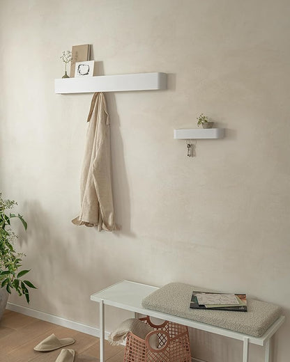 Kazai.® Coat Rack Wall Mount with Shelf 'Tone' | Modern Design Coat Hanger with Hidden Hooks and Storage | Hat Rack with Shelf in Metal | Wall-Mounted Purse Organizer | White