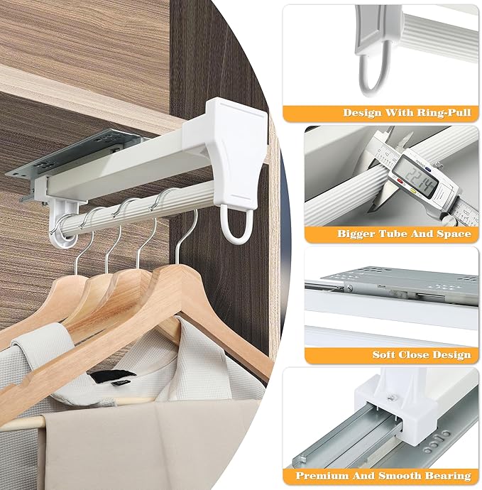 Alise 14 Inch Pull Out Clothes Hanger Rack for Closet,Heavy Duty Closet Rod with Automatic Soft-Close Mechanism for Closets,Closet Pull Out Metal Rod Organizer Hangers for Coats Pants Hangers,White