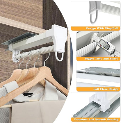Alise 10 Inch Pull Out Clothes Hanger Rack with Automatic Soft-Close Mechanism for Closets, Heavy Duty Metal Rod Organizer for Coats, Pants, and More, White