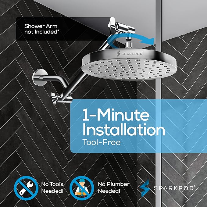 SparkPod Rain Shower Head, 8 Inch Round | High Pressure Shower Heads, 90 Nozzle (Touch-to-Clean), Adjustable Showerhead, No-tool Universal Connection