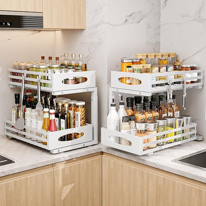 Under Sink Organizer, 2 Tier Under Sink Organizers and Storage, Adjustable Height, Slide out Metal Cabinet Organizers, Pull out Cabinet Storage Drawer Shelf for Kitchen Bathroom White 2Pack